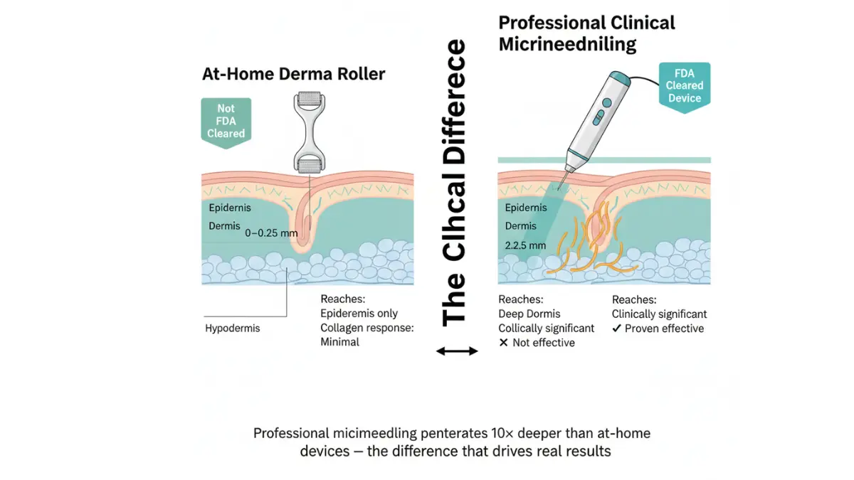Microneedling at-home derma roller vs professional treatment depth comparison