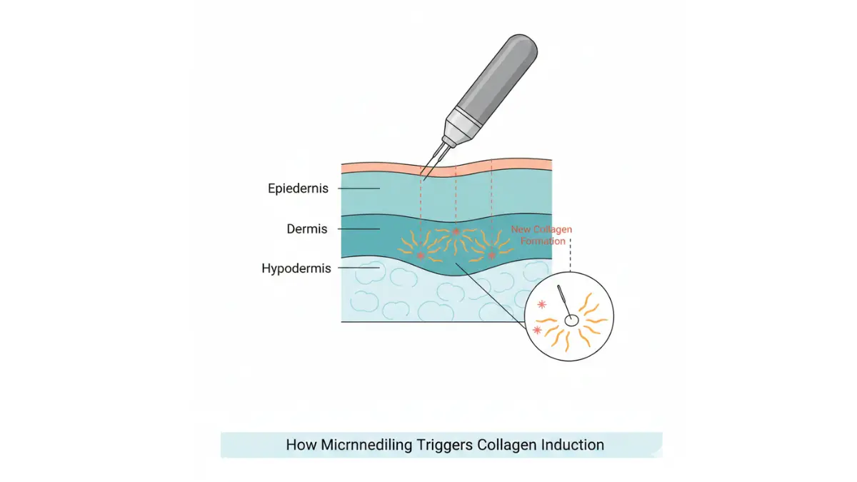 Microneedling skin anatomy diagram showing collagen induction in dermis