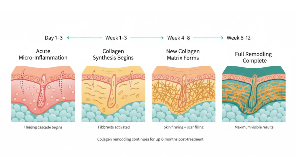 Microneedling healing timeline showing collagen remodeling stages