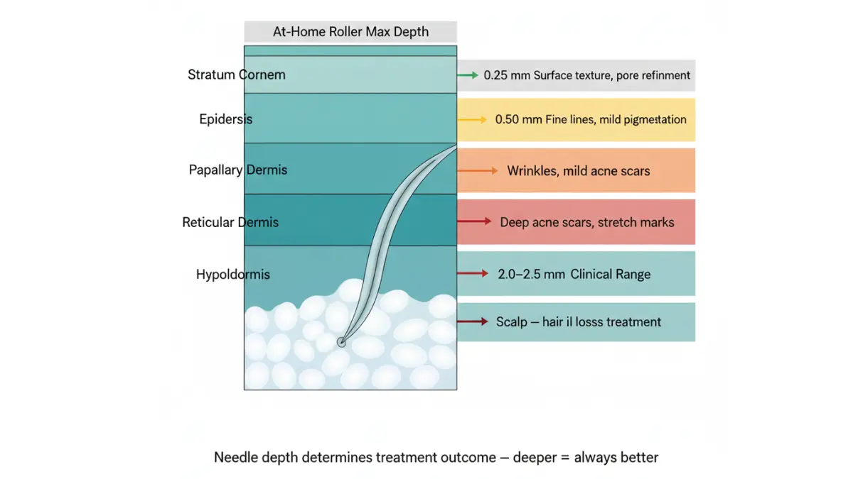 Microneedling needle depth chart across skin layers for different treatments