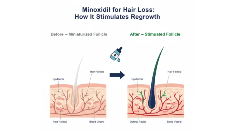 Minoxidil for Hair Loss before and after follicle regrowth mechanism showing miniaturized vs stimulated hair follicle
