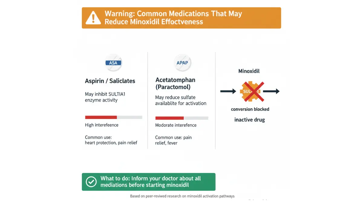 Minoxidil for Hair Loss drug interaction warning showing aspirin and paracetamol blocking activation pathway