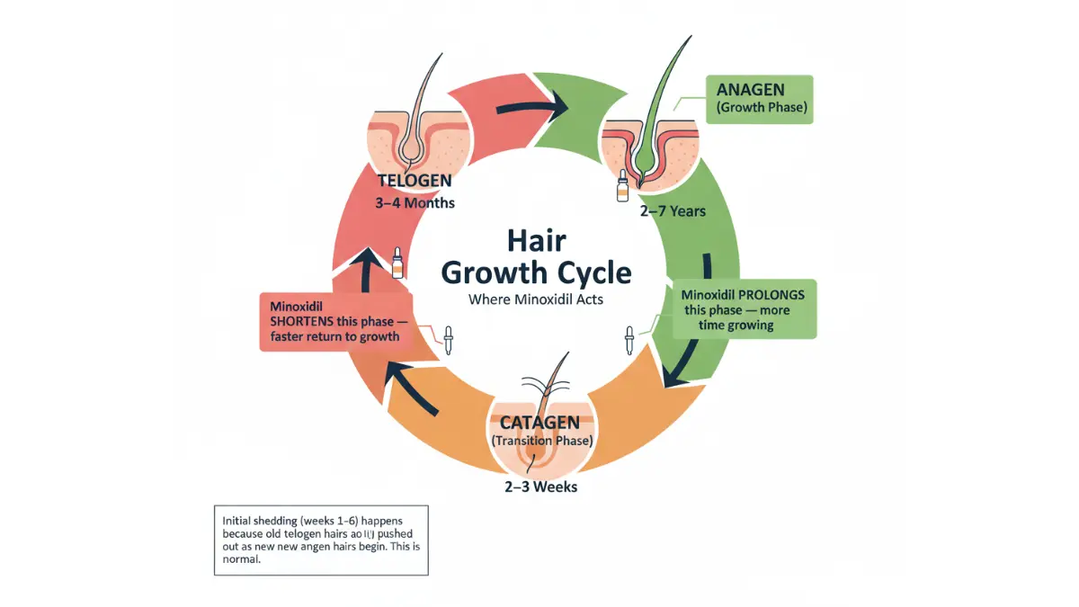 Minoxidil for Hair Loss hair growth cycle diagram showing anagen catagen telogen phases and action points