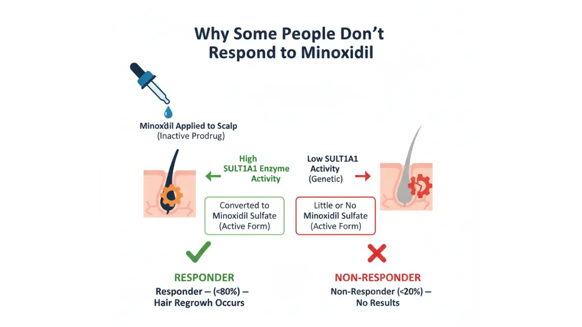 Minoxidil for Hair Loss responder vs non responder diagram showing SULT1A1 enzyme activation pathway