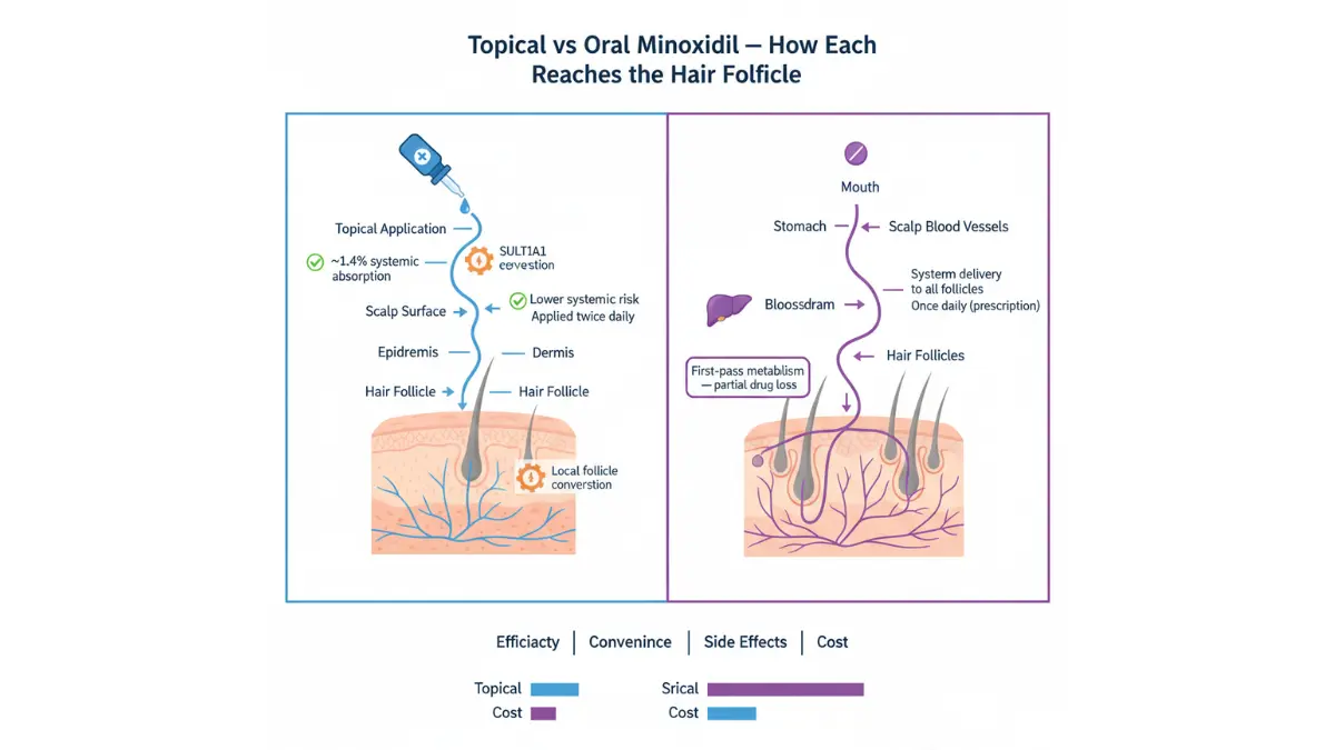 Minoxidil for Hair Loss topical vs oral absorption pathway showing local scalp delivery vs systemic circulation