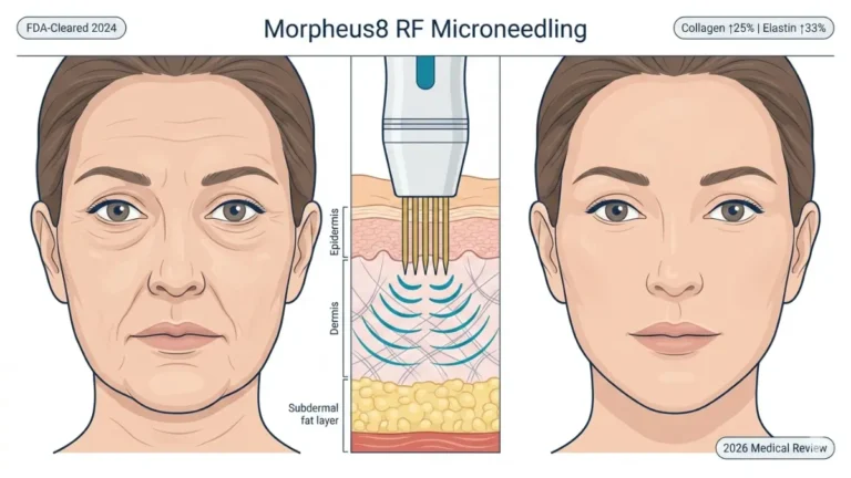 Morpheus8 RF microneedling treatment medical illustration showing split face before and after with skin anatomy cross section and collagen stimulation