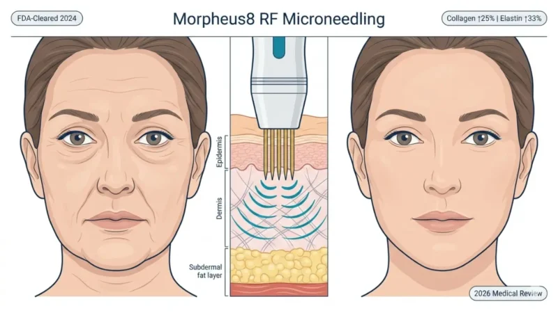 Morpheus8 RF microneedling treatment medical illustration showing split face before and after with skin anatomy cross section and collagen stimulation