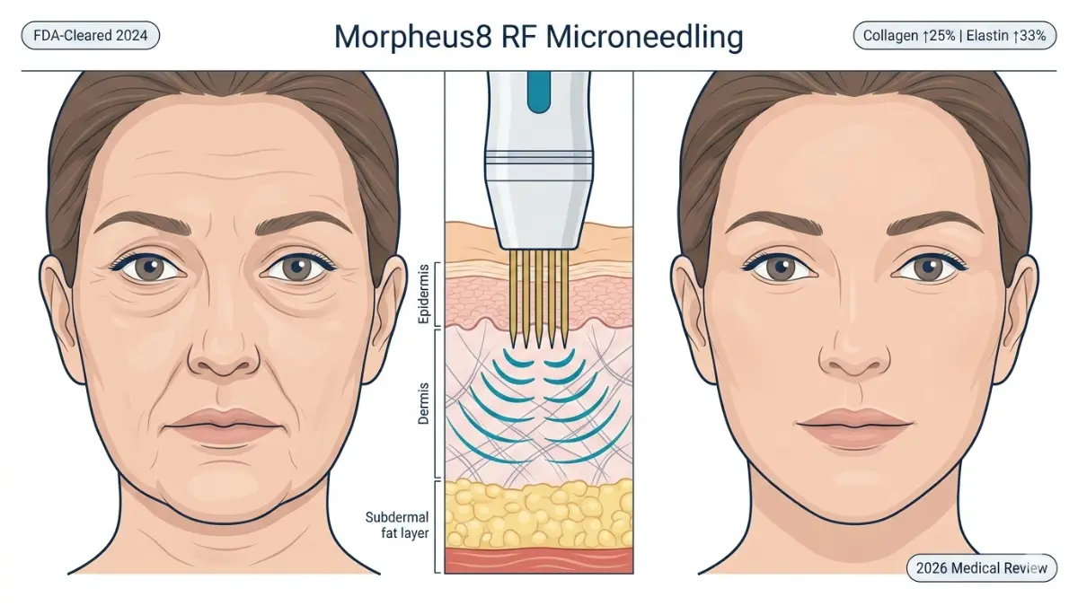Morpheus8 RF microneedling treatment medical illustration showing split face before and after with skin anatomy cross section and collagen stimulation