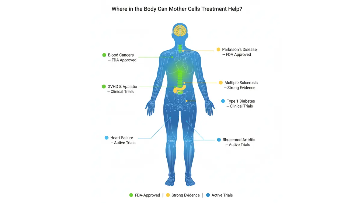 Mother cells treatment body anatomy map showing diseases treated across brain, heart, immune system, joints, and pancreas