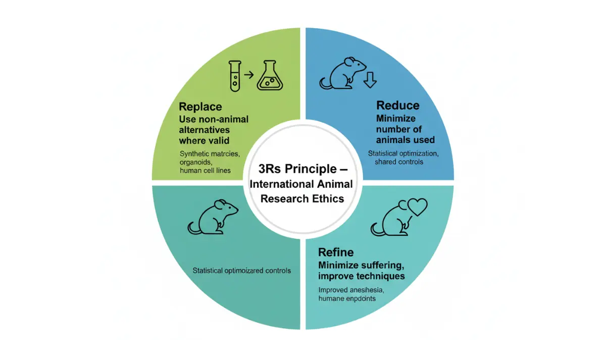 Medical ethics diagram showing 3Rs principle Replace Reduce Refine applied to Mouse embryonic fibroblasts animal research studies