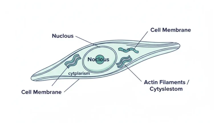 Medical anatomy diagram of Mouse embryonic fibroblasts MEF cell showing nucleus cytoplasm cytoskeleton and spindle shape