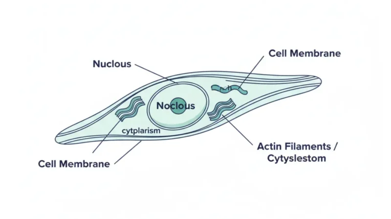 Medical anatomy diagram of Mouse embryonic fibroblasts MEF cell showing nucleus cytoplasm cytoskeleton and spindle shape