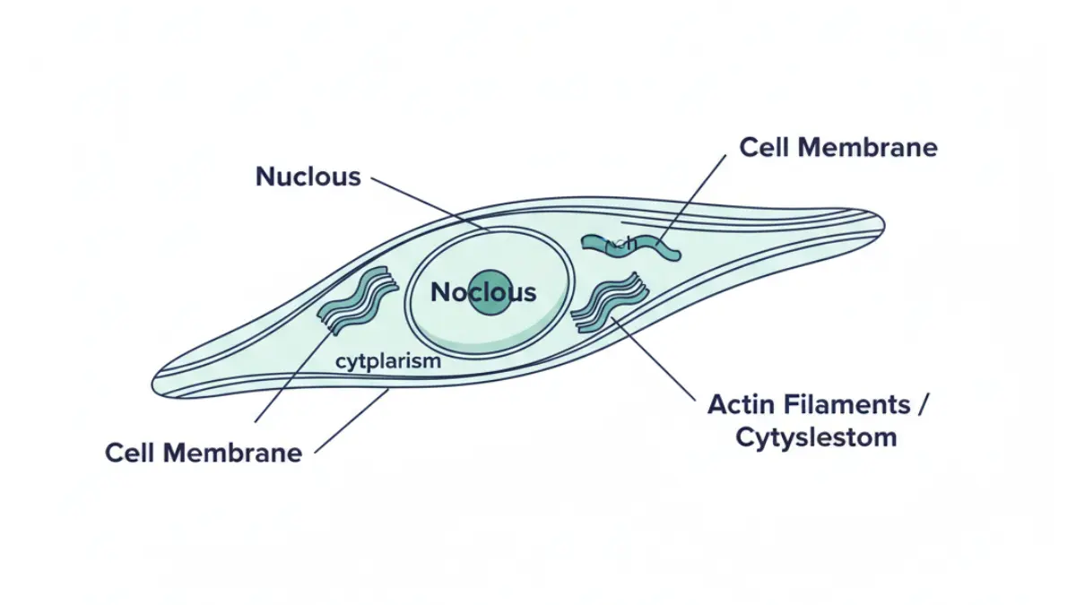 Medical anatomy diagram of Mouse embryonic fibroblasts MEF cell showing nucleus cytoplasm cytoskeleton and spindle shape