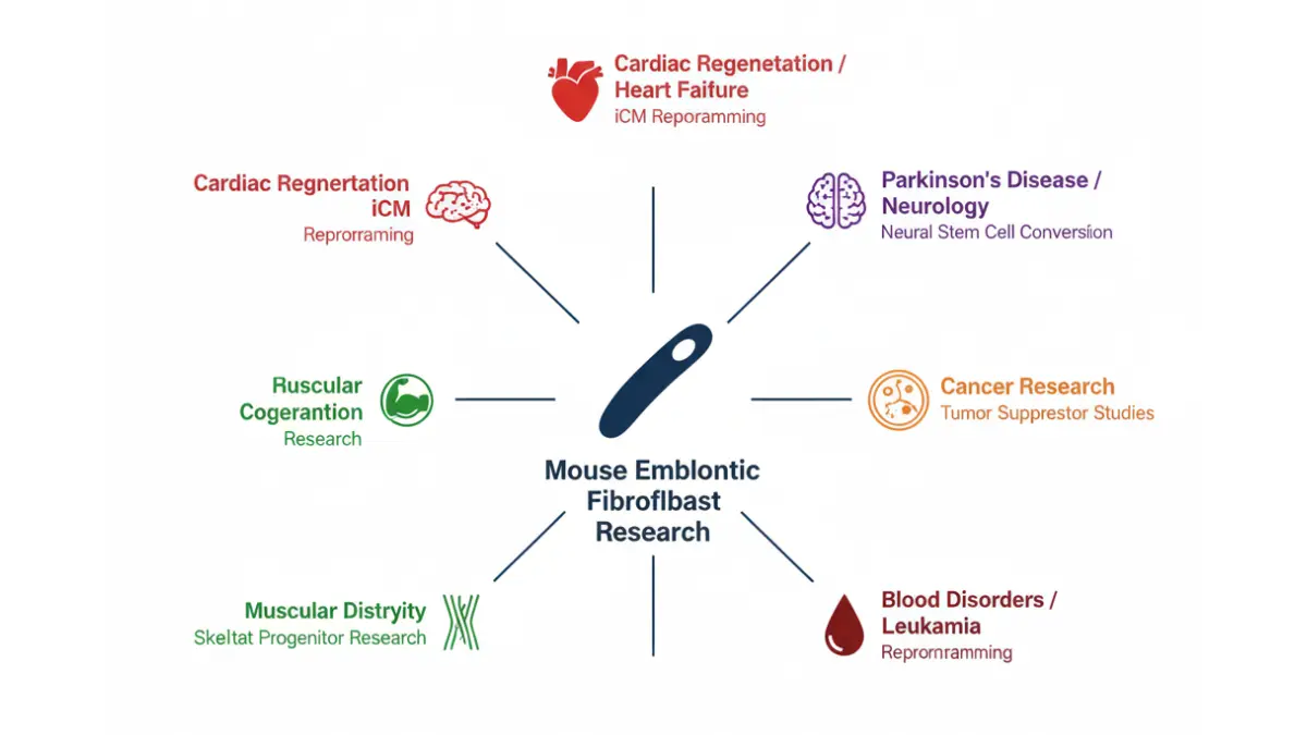 Medical hub diagram showing Mouse embryonic fibroblasts research applications in heart disease cancer Parkinsons blood disorders and muscular dystrophy