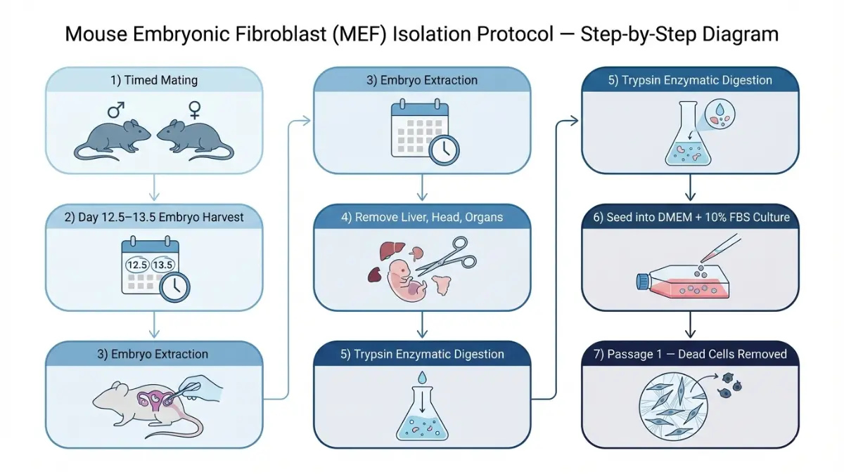 Step by step medical diagram of Mouse embryonic fibroblasts MEF isolation protocol from timed mating to cell culture