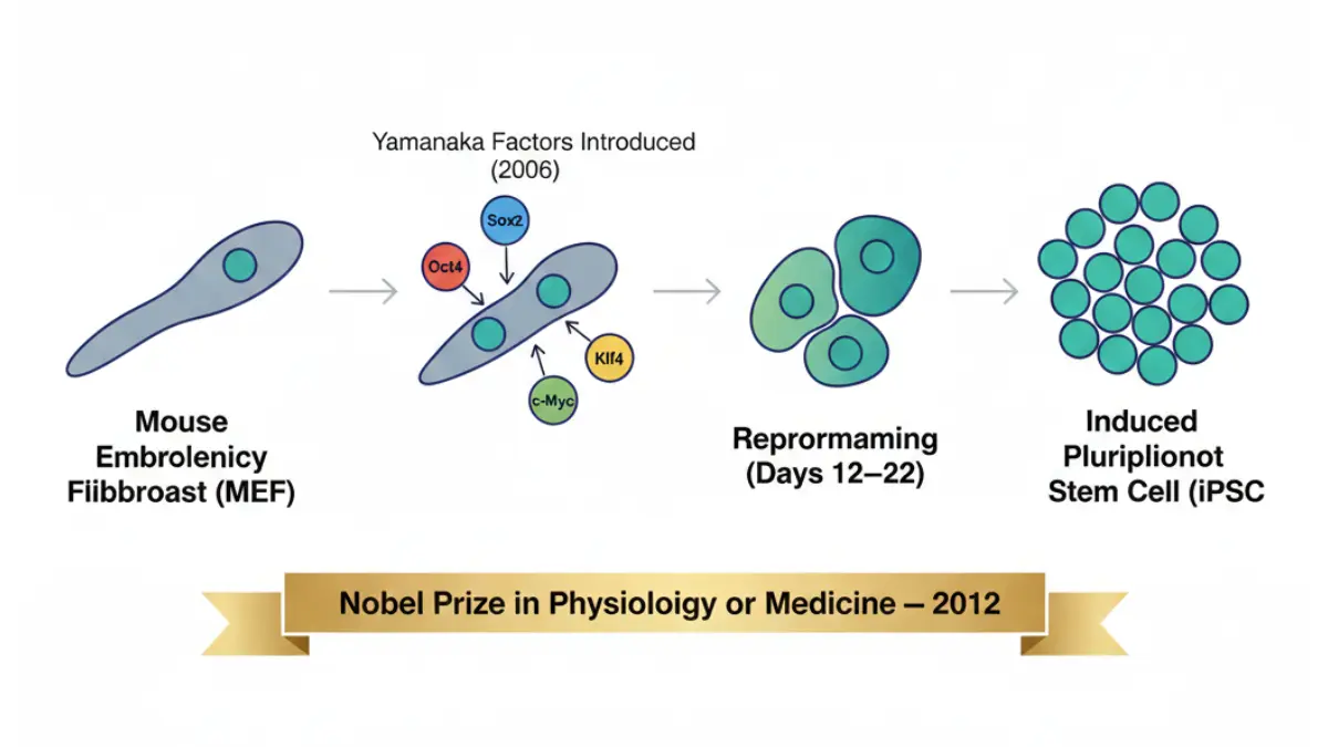 Medical diagram showing Mouse embryonic fibroblasts MEF reprogramming into induced pluripotent stem cells using Yamanaka factors Oct4 Sox2 Klf4 c-Myc