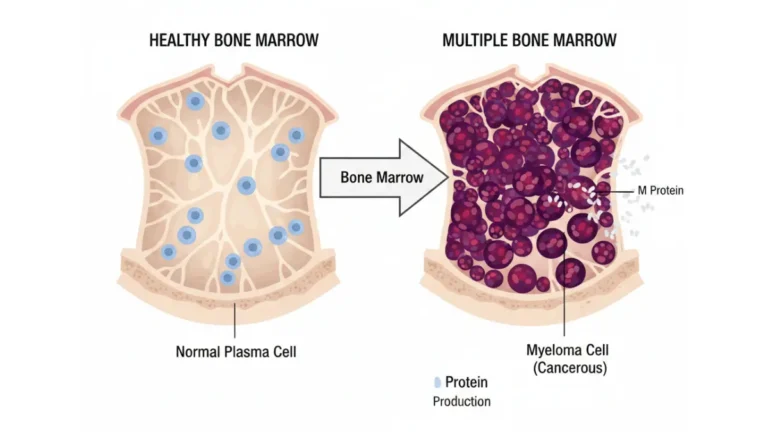 Multiple Myeloma medical anatomy illustration showing normal plasma cells versus cancerous myeloma cells in bone marrow with M protein production