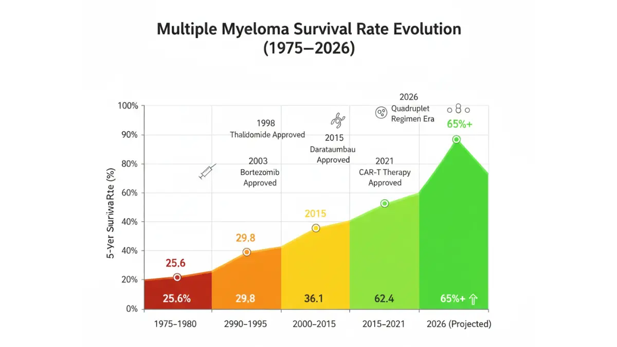 Multiple Myeloma survival rate chart showing improvement from 1975 to 2026 with new treatment milestones