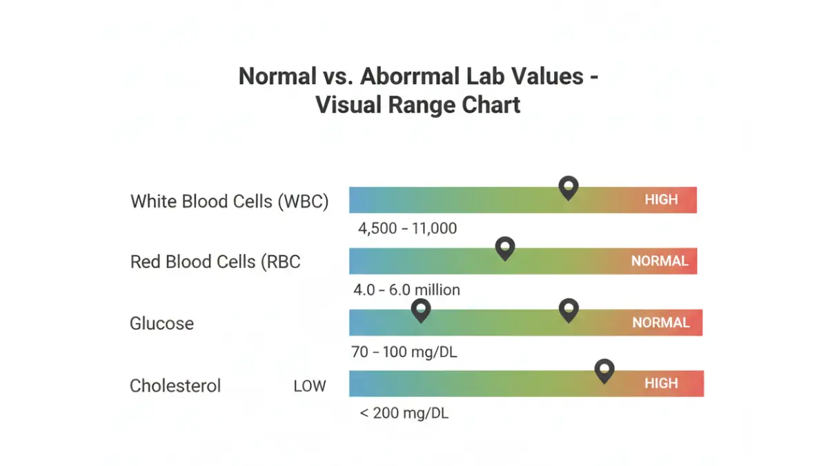Medical reference range chart showing normal low and high zones for common blood tests to help interpret pathology result values