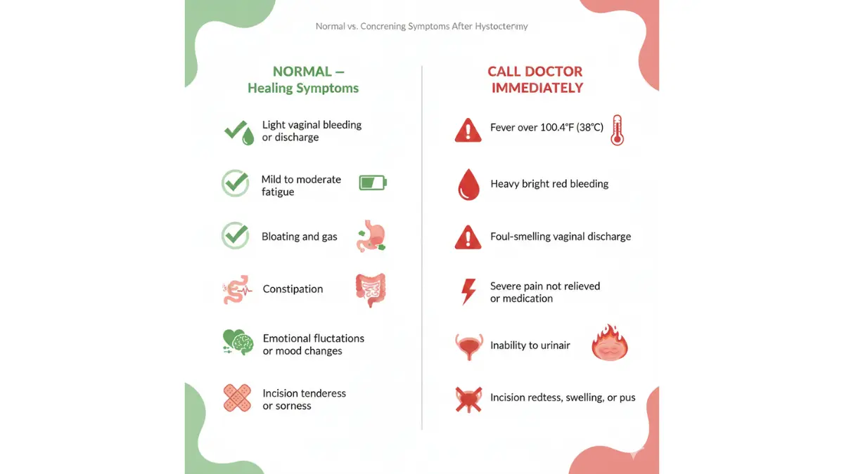 Hysterectomy recovery symptom chart showing normal healing signs versus warning symptoms requiring immediate medical attention with visual indicators