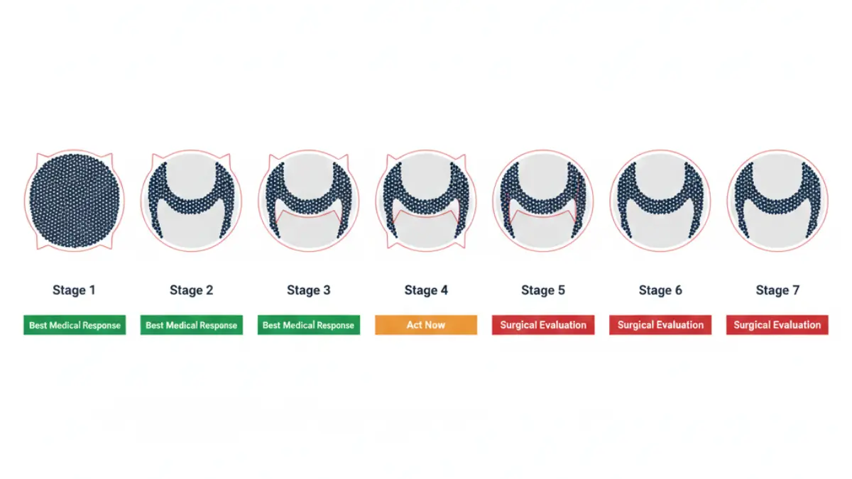 Norwood Scale diagram showing seven stages of male pattern baldness progression causing Receding Hairline from Stage 1 to Stage 7