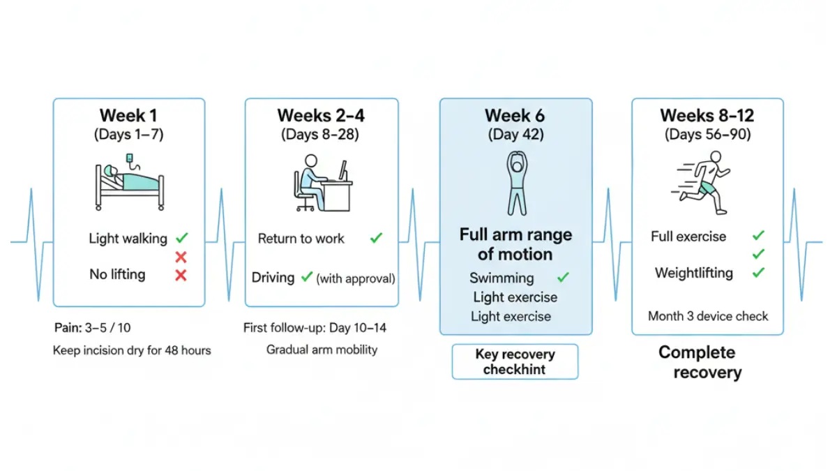 Pacemaker recovery timeline showing 90 day progression from surgery to full activity return with weekly milestones and activity restrictions pacemaker diagram