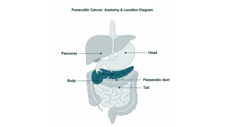 Pancreatic Cancer anatomical vector diagram showing pancreas location behind the stomach with labeled head, body, tail, pancreatic duct, and bile duct