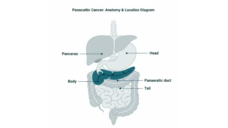 Pancreatic Cancer anatomical vector diagram showing pancreas location behind the stomach with labeled head, body, tail, pancreatic duct, and bile duct