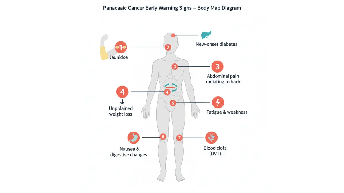 Pancreatic Cancer early warning signs body map diagram showing jaundice, abdominal pain, new-onset diabetes, weight loss, fatigue, digestive changes, and blood clots