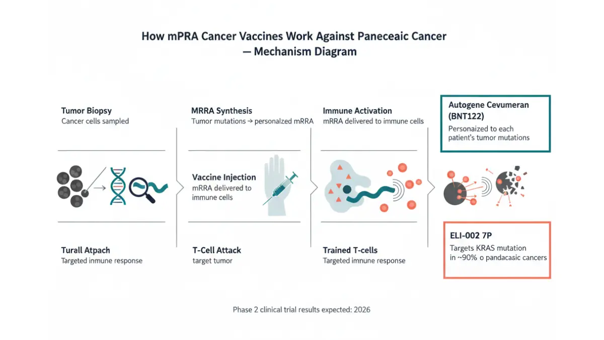 Pancreatic Cancer mRNA therapeutic vaccine mechanism diagram showing tumor biopsy, mRNA synthesis, immune activation, T-cell targeting, and pancreatic tumor cell destruction
