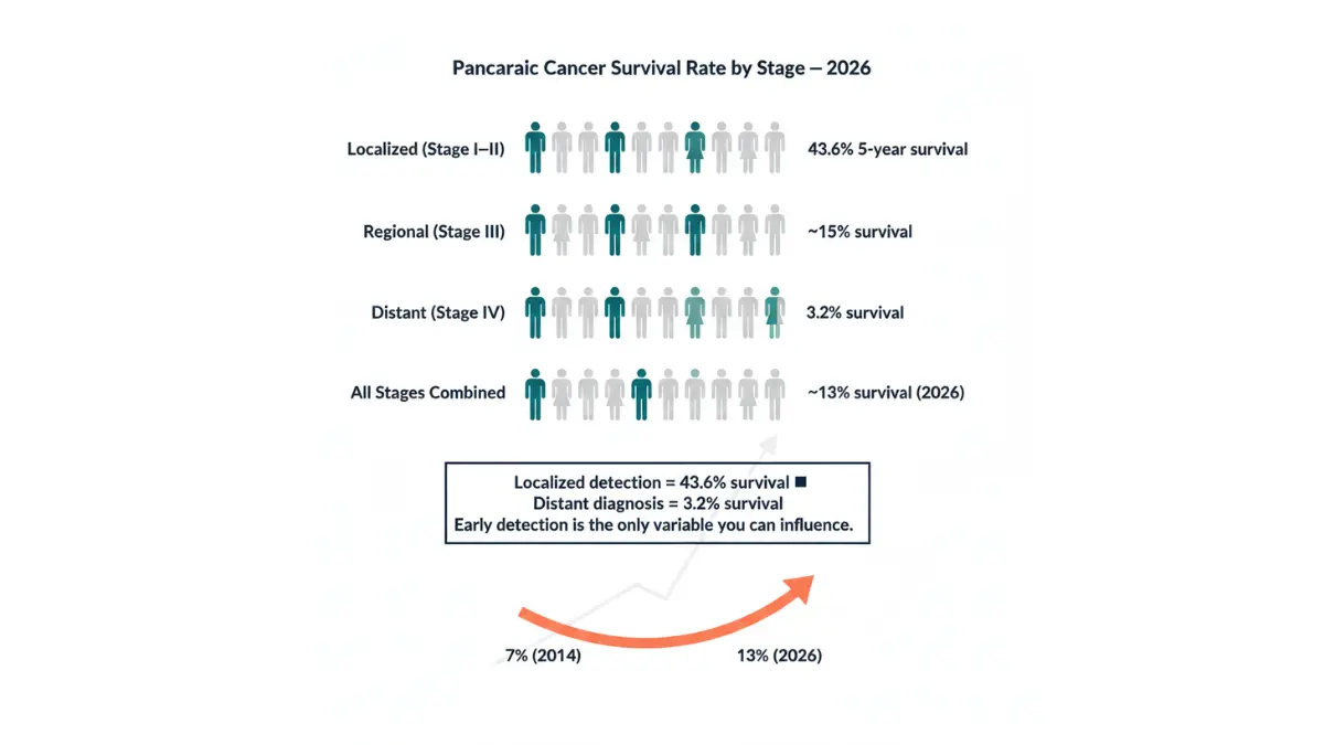 Pancreatic Cancer 5-year survival rate by stage pictograph diagram showing 43.6% localized survival and 3.2% distant stage survival with 2026 trend improvement