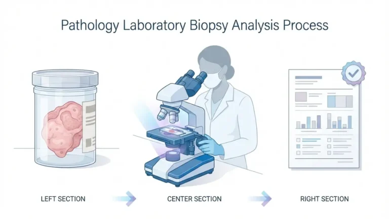 Biopsy Results pathology laboratory workflow showing tissue sample analysis under microscope and diagnostic report preparation
