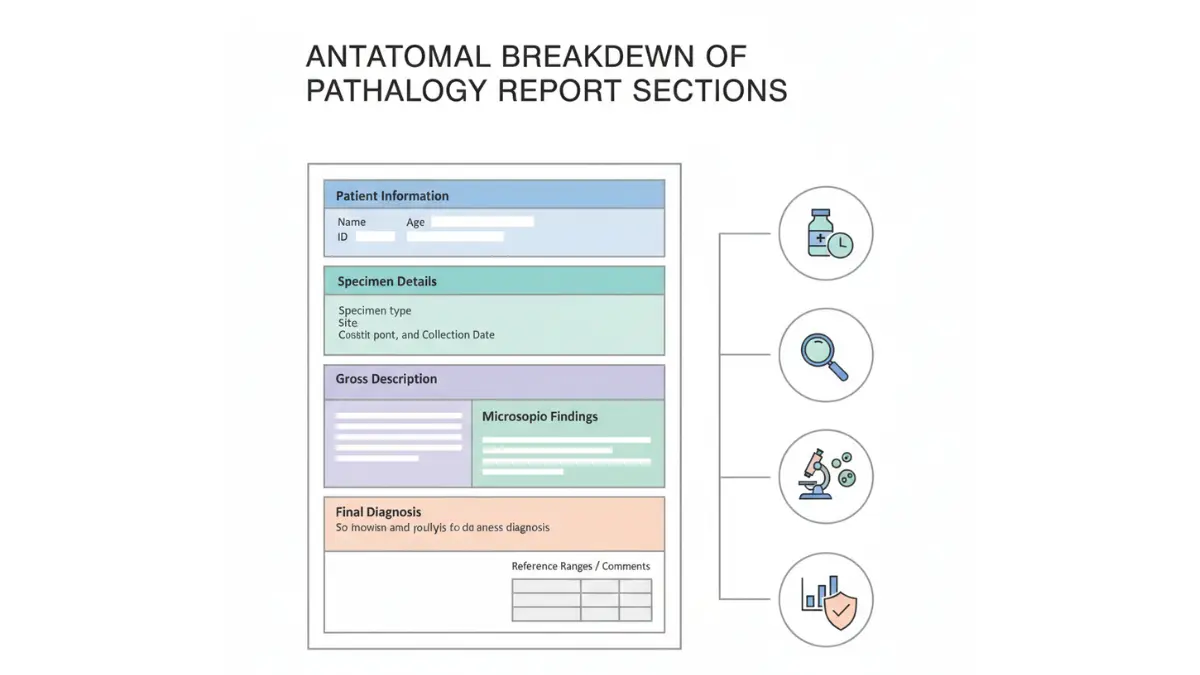 Medical diagram explaining pathology report sections including patient information specimen details microscopic findings and final diagnosis in pathology result