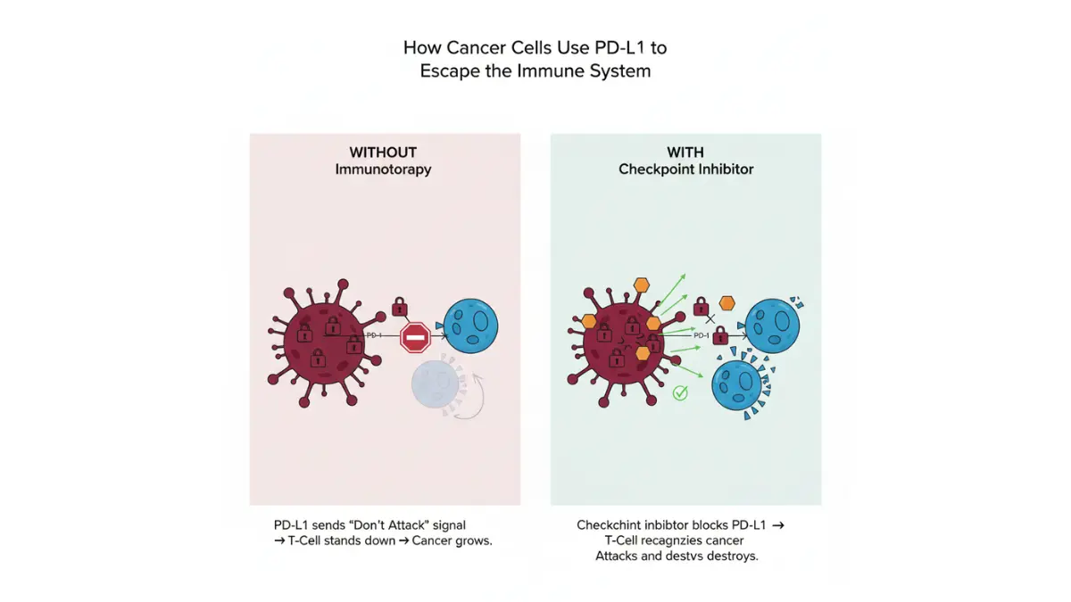 Immunotherapy checkpoint inhibitor diagram showing PD-L1 blocking and T-cell activation