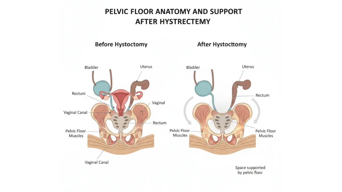 Hysterectomy pelvic floor anatomy diagram showing organ positioning changes and muscle support before and after hysterectomy surgery