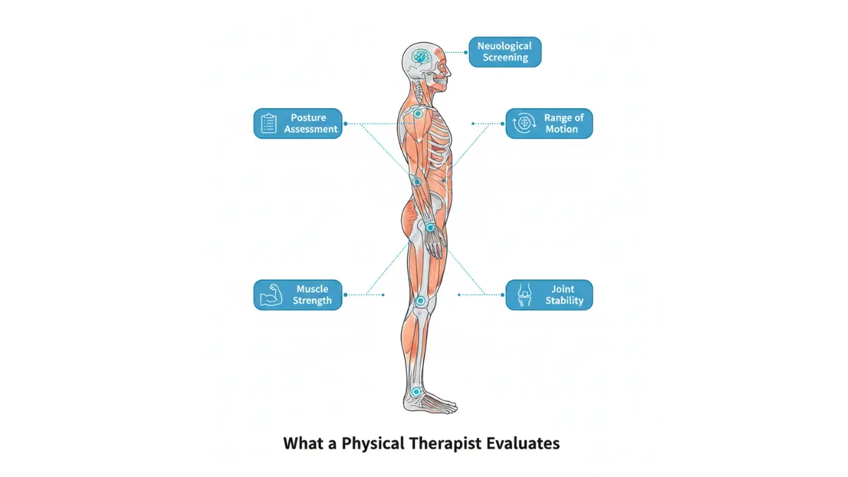 Physical Therapy evaluation anatomy diagram showing posture assessment, muscle strength testing, range of motion, joint stability, and neurological screening