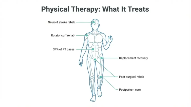 Physical Therapy anatomy diagram showing body regions treated including spine, knee, shoulder, hip, brain, and pelvic floor