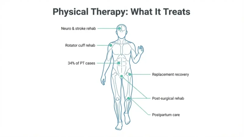 Physical Therapy anatomy diagram showing body regions treated including spine, knee, shoulder, hip, brain, and pelvic floor