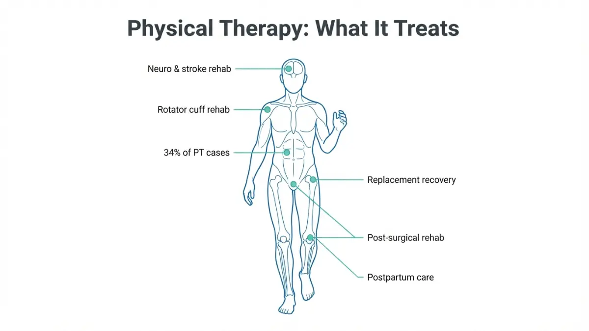 Physical Therapy anatomy diagram showing body regions treated including spine, knee, shoulder, hip, brain, and pelvic floor