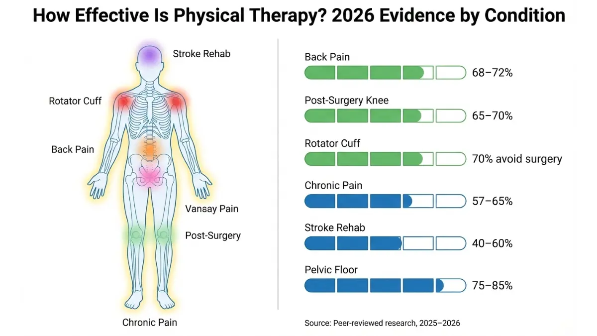 Physical Therapy success rates anatomy diagram showing effectiveness by body region including back pain, rotator cuff, stroke rehabilitation, pelvic floor therapy, and chronic pain