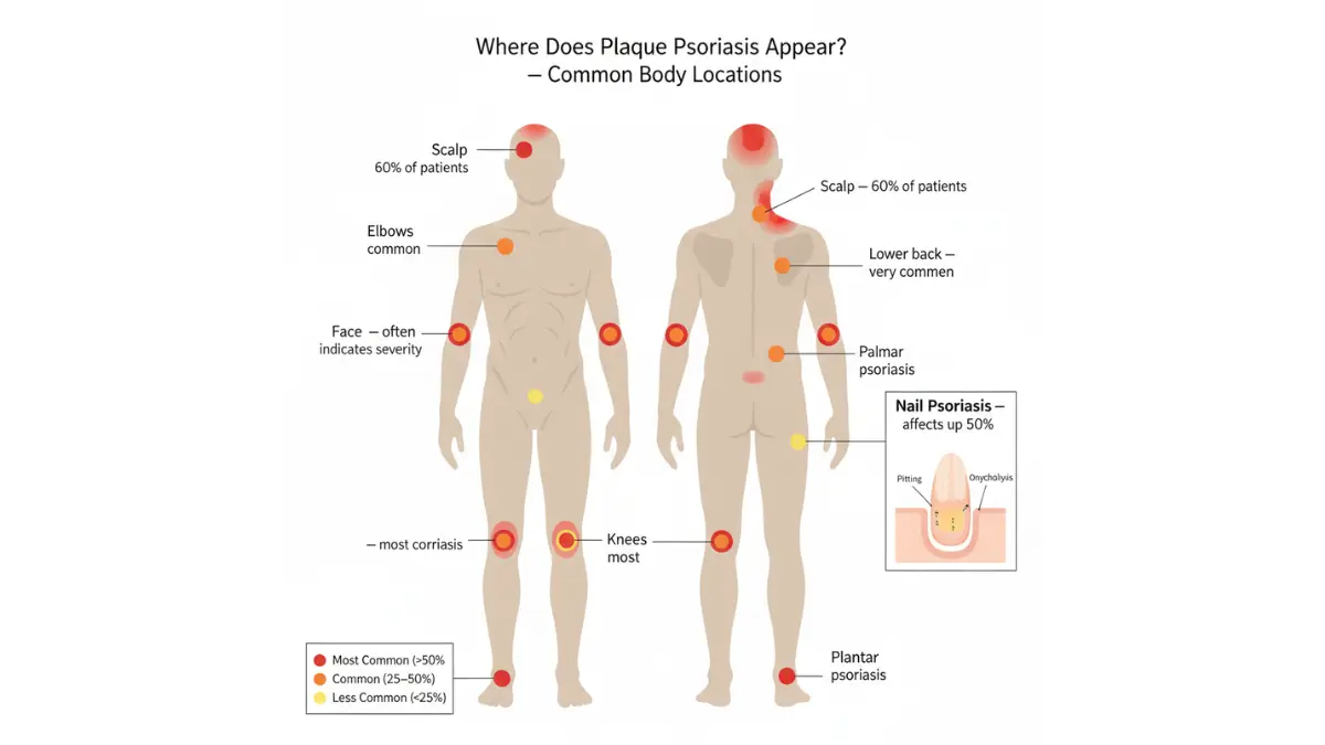 Plaque Psoriasis common body locations diagram showing hotspots on scalp elbows knees lower back palms soles and nails