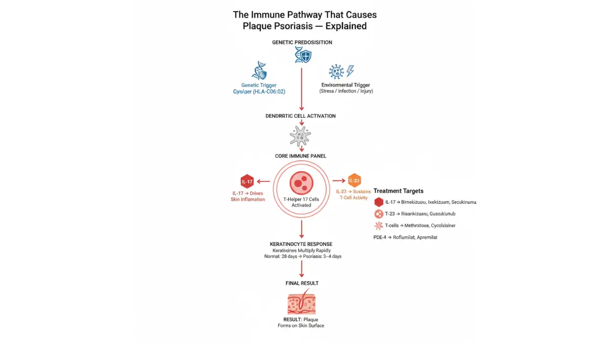 Plaque Psoriasis immune pathway diagram showing dendritic cell activation T helper 17 cells IL-17 IL-23 cytokines and keratinocyte hyperproliferation