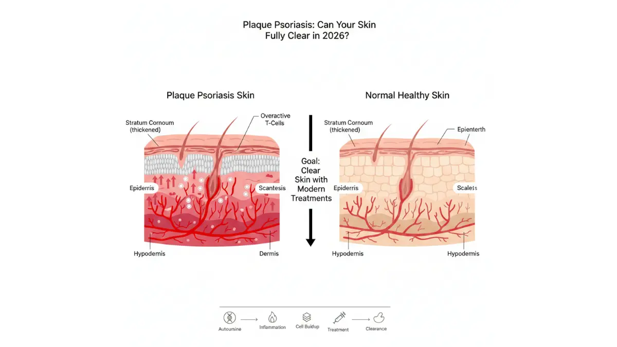 Plaque Psoriasis skin cross section compared with normal healthy skin layers showing T-cell inflammation keratinocyte buildup and thickened epidermis