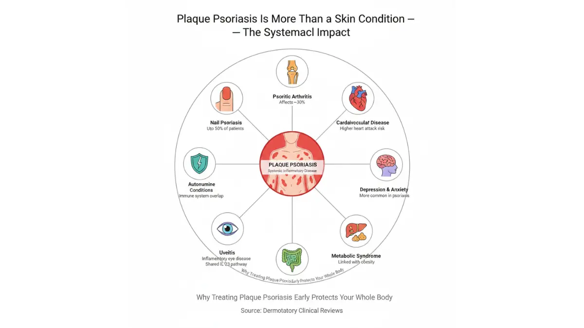 Plaque Psoriasis systemic impact diagram showing links to psoriatic arthritis cardiovascular disease depression metabolic syndrome IBD uveitis and nail involvement
