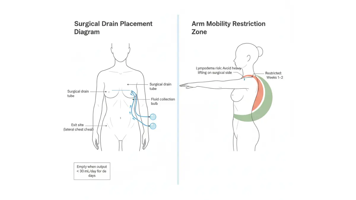 Medical diagram showing surgical drain placement after Mastectomy and post-Mastectomy arm mobility restriction zones illustration 2026