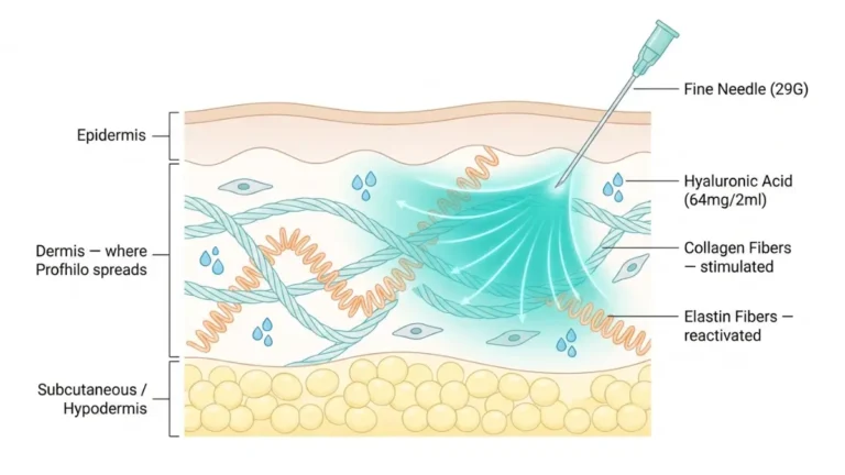 Profhilo Injections spreading through dermis layer skin anatomy diagram showing hyaluronic acid diffusion