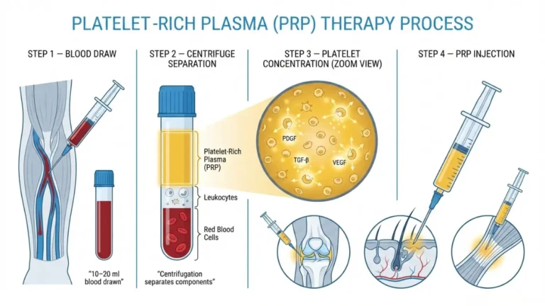 Medical anatomy diagram showing PRP therapy results process — blood draw, centrifuge separation, platelet concentration, and injection into knee, scalp, and tendon