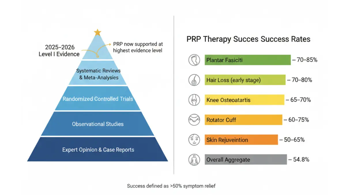 Medical evidence pyramid and bar chart showing PRP therapy results success rates by condition based on 2025–2026 clinical research