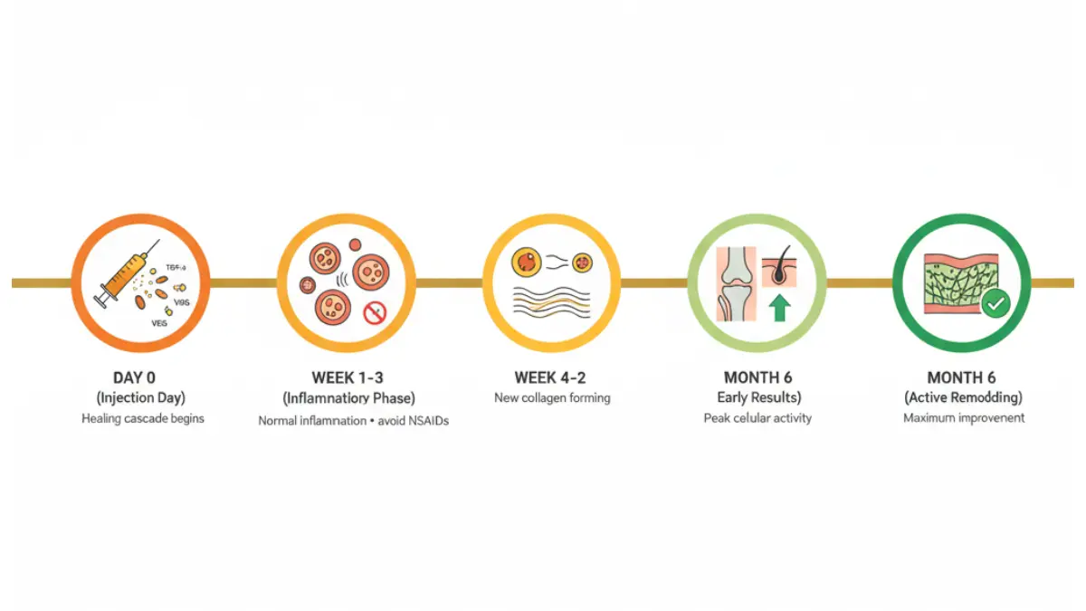 Medical timeline infographic showing PRP therapy results healing phases from injection day to peak improvement at six months
