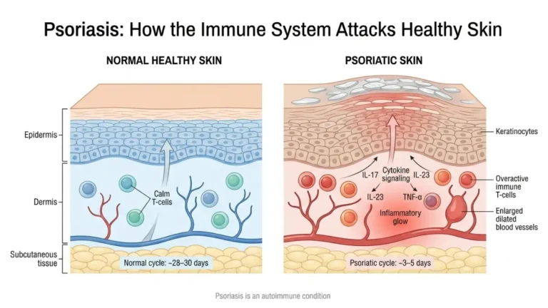 How the immune system attacks skin in psoriasis treatments showing IL-17 and IL-23 pathway diagram